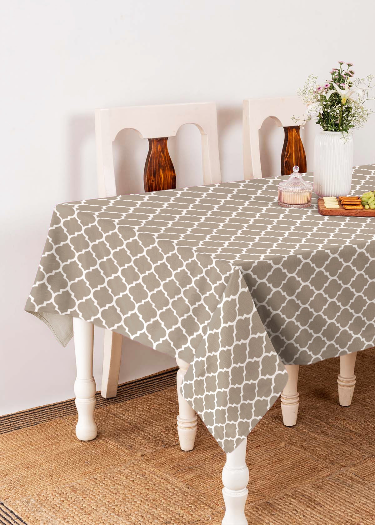 Reverse trellis 100% cotton customisable geometric table cloth for dining - Walnut grey