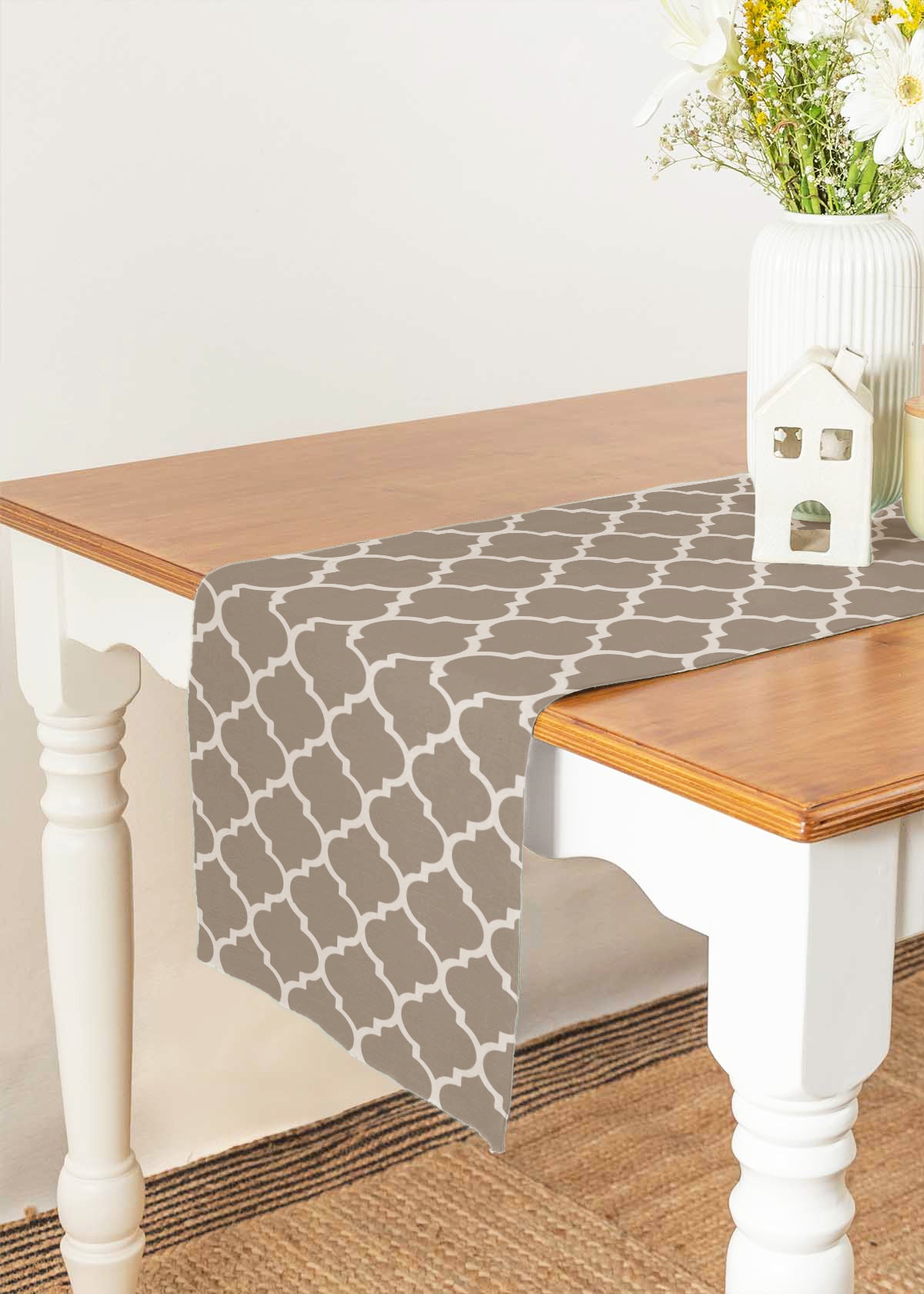 Reverse trellis 100% cotton customisable geometric table Runner for dining - Walnut grey