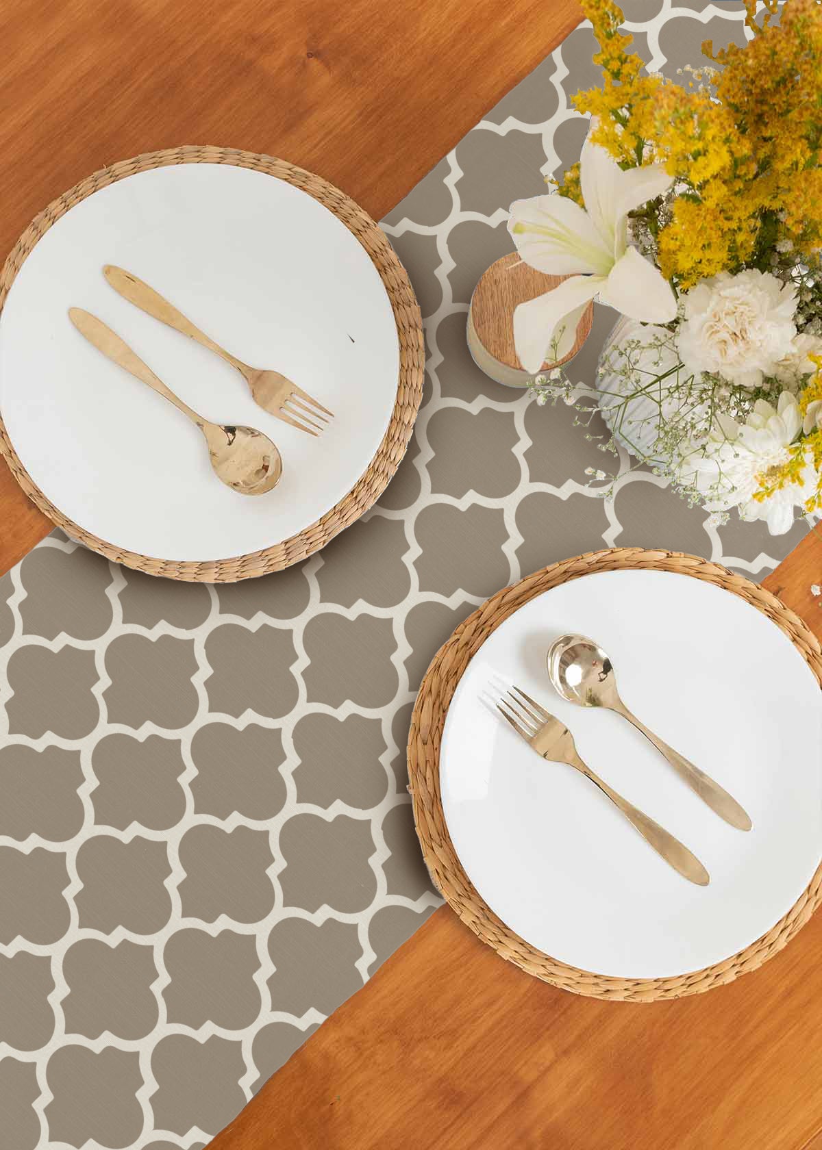Reverse trellis 100% cotton customisable geometric table Runner for dining - Walnut grey