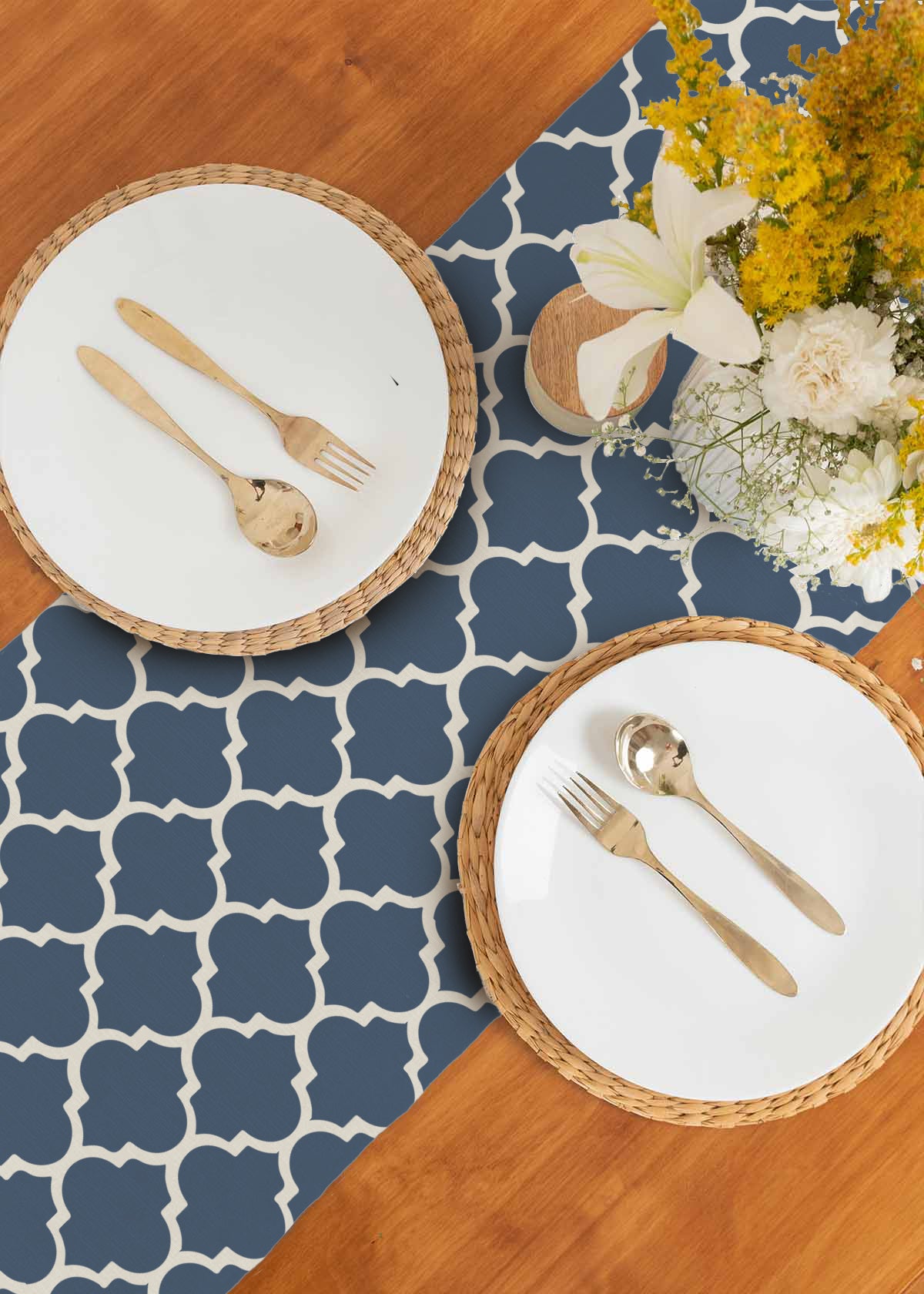 Reverse trellis 100% cotton customisable geometric table Runner for dining - Royal Blue