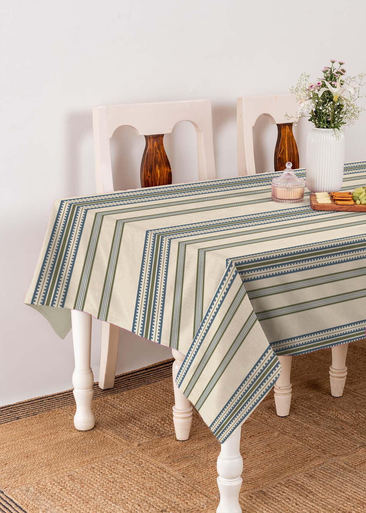 Roman stripes 100% cotton customisable geometric table cloth for dining - Pepper green & Night blue