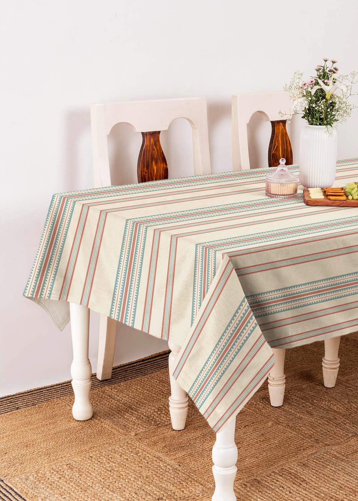 Roman stripes 100% cotton customisable geometric table cloth for dining - Rust and Nile blue