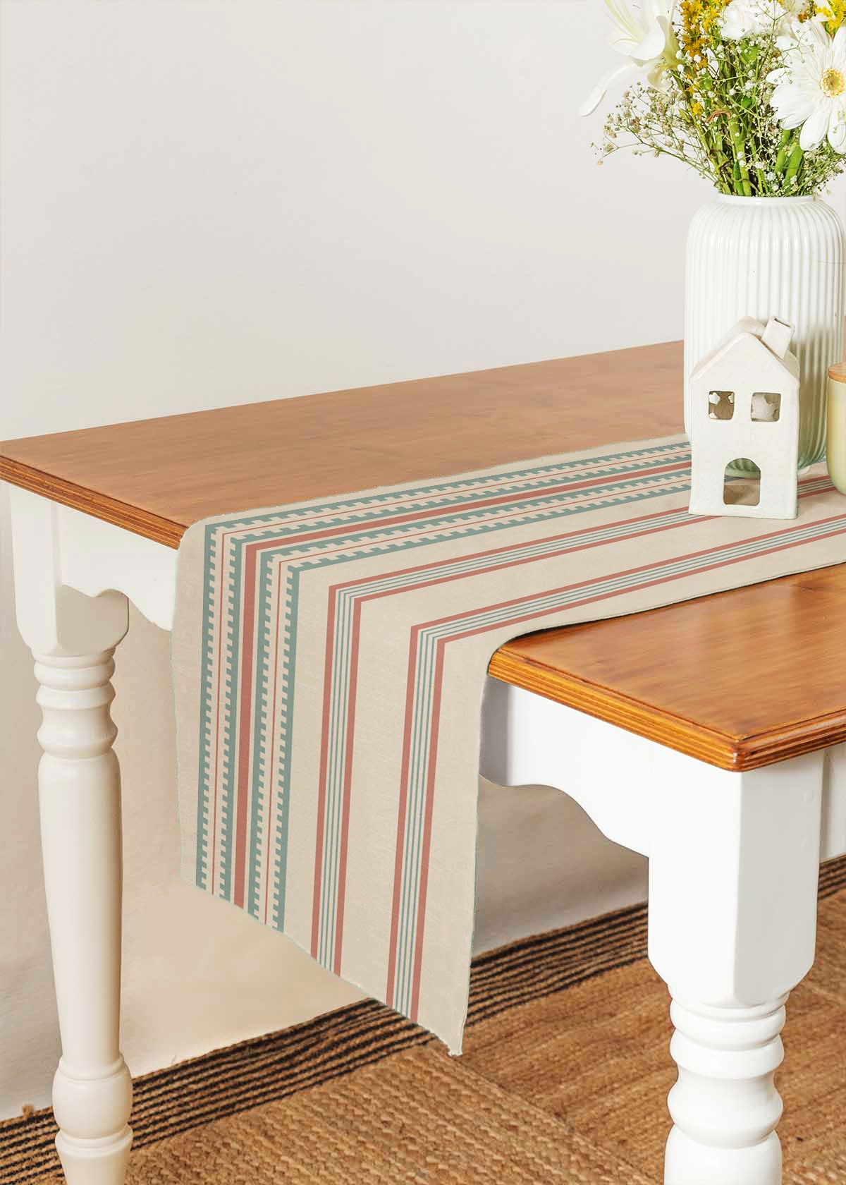 Roman stripes 100% cotton customisable geometric table Runner for dining - Rust and Nile blue