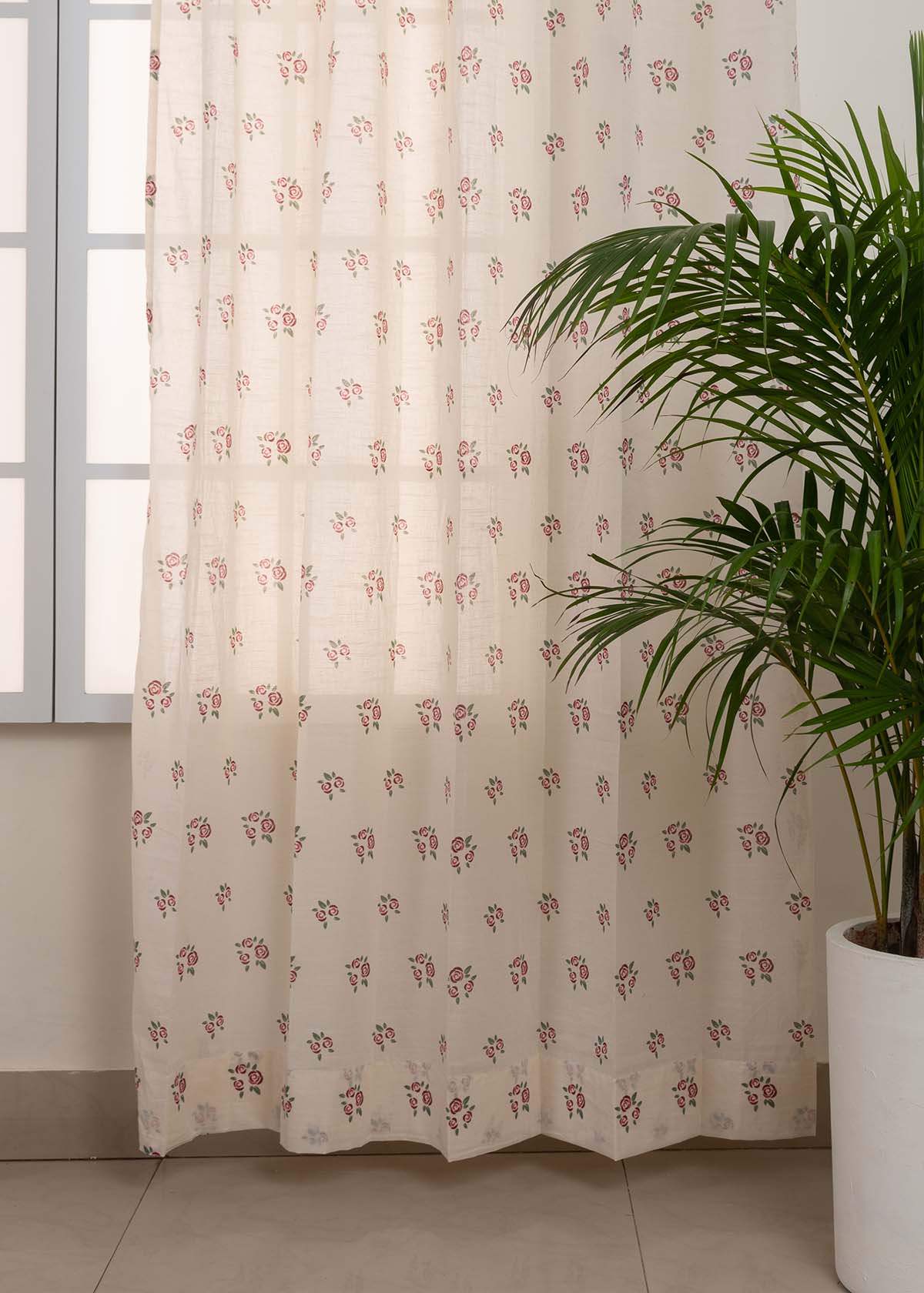 Rose Garden 100% Cotton Sheer floral curtain for Living room - Light filtering - Wine Red - Pack of 1