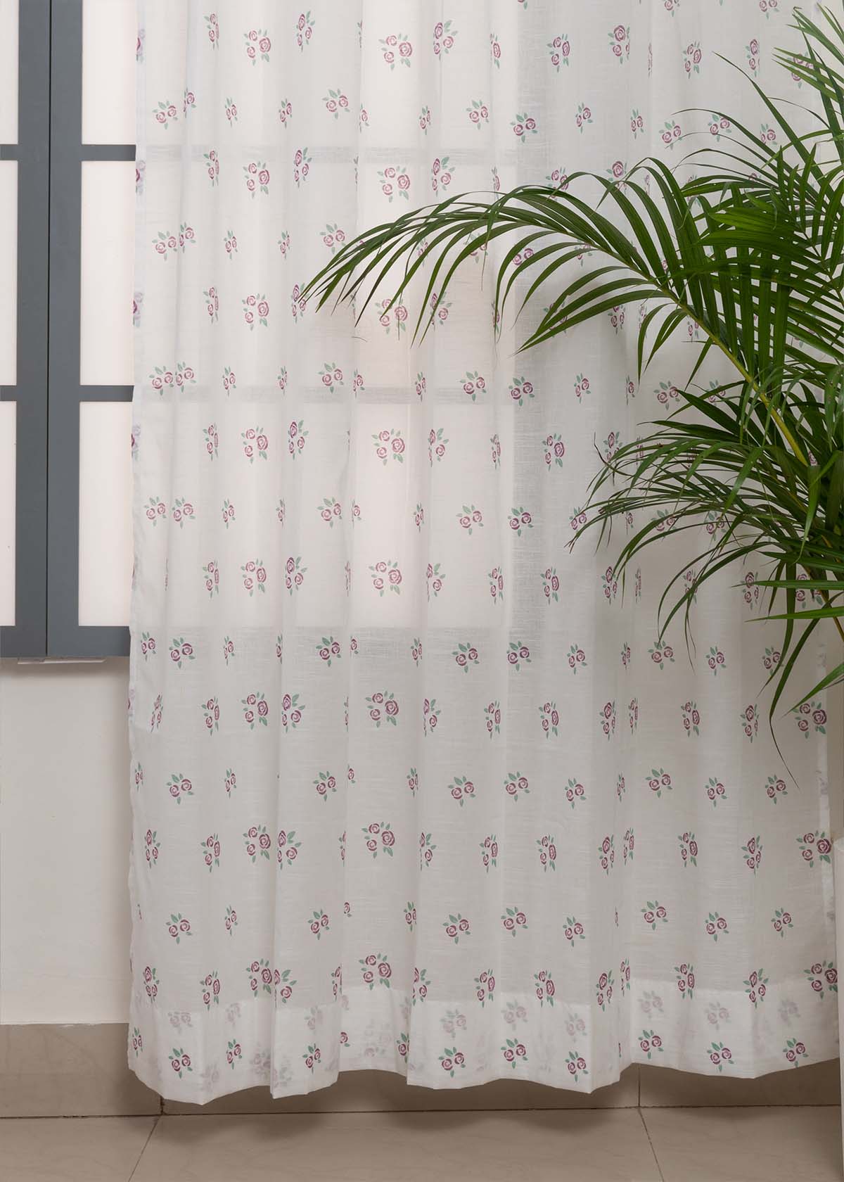 Rose Garden 100% Cotton Sheer floral curtain for Living room - Light filtering - Lavender - Pack of 1