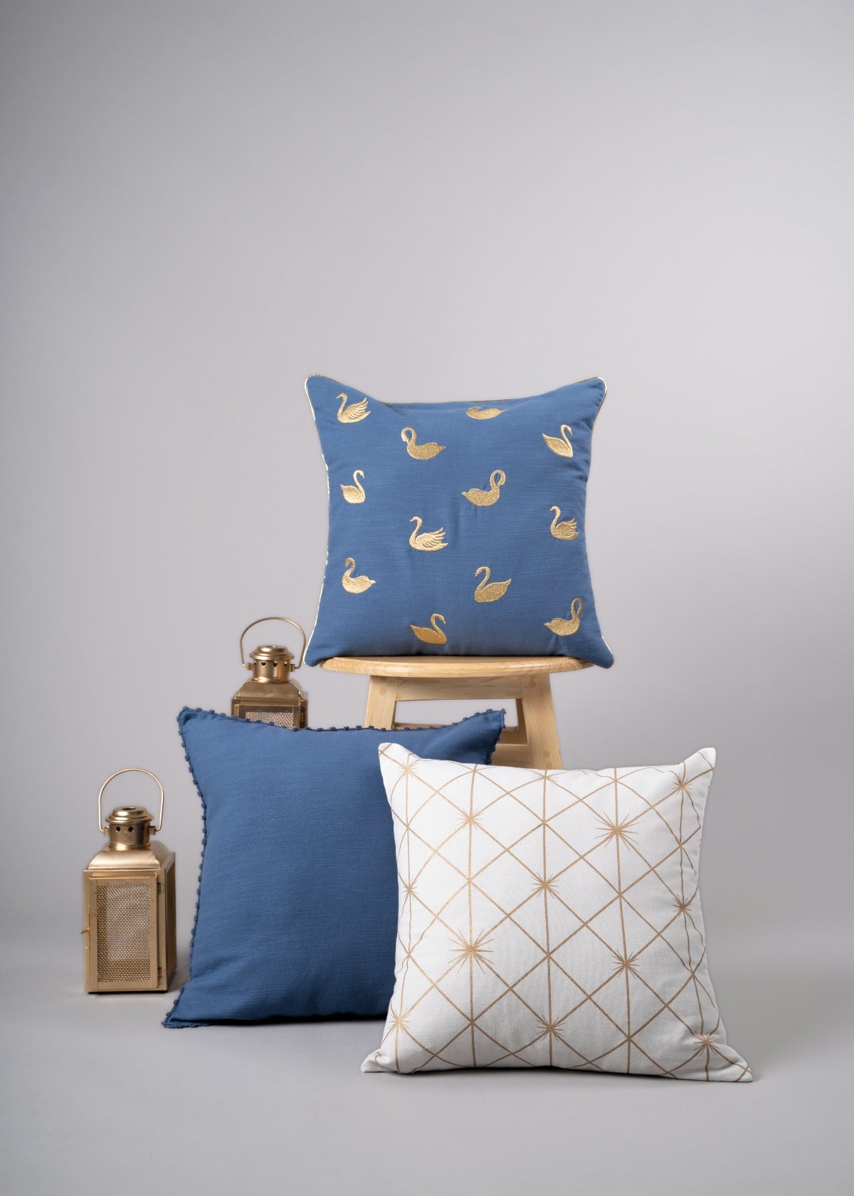 Royal Blue , Swan Lake , Stardust Pale Gold Set Of 3 Combo Cotton Cushion Cover 16" - Blue
