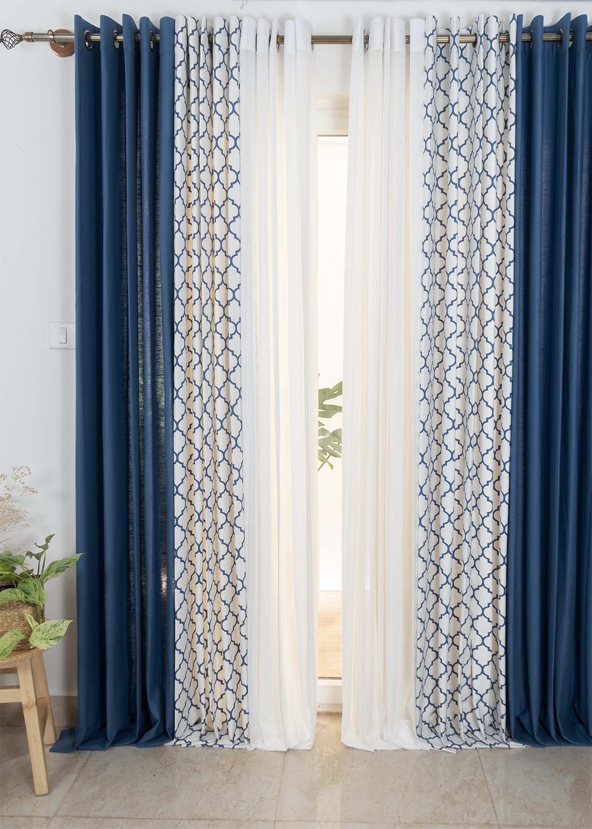Royal Blue Solid, Trellis Royal Blue, Warm White Solid Sheer Set Of 6 Combo Cotton Curtain - Royal Blue And White