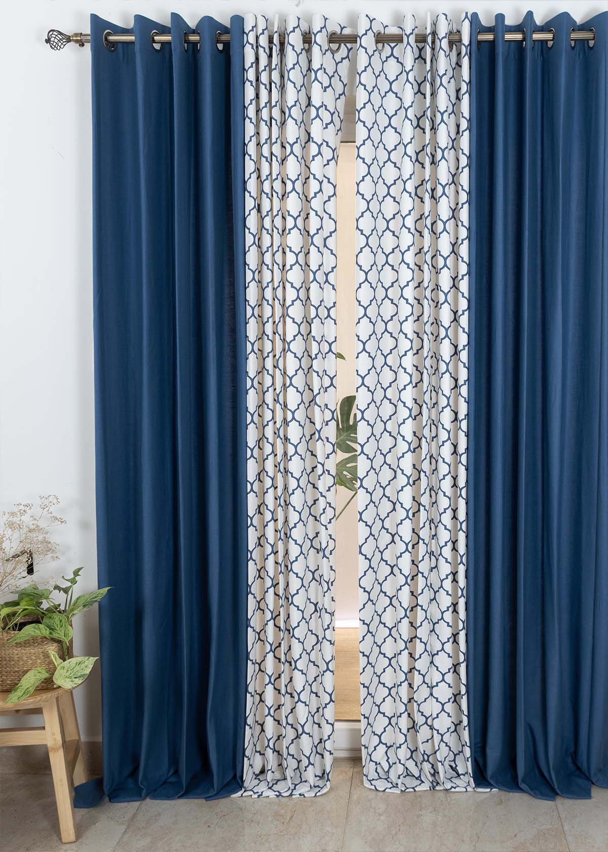 Royal Blue Solid,Trellis Royal Blue Set Of 4 Combo Cotton Curtain - Royal Blue
