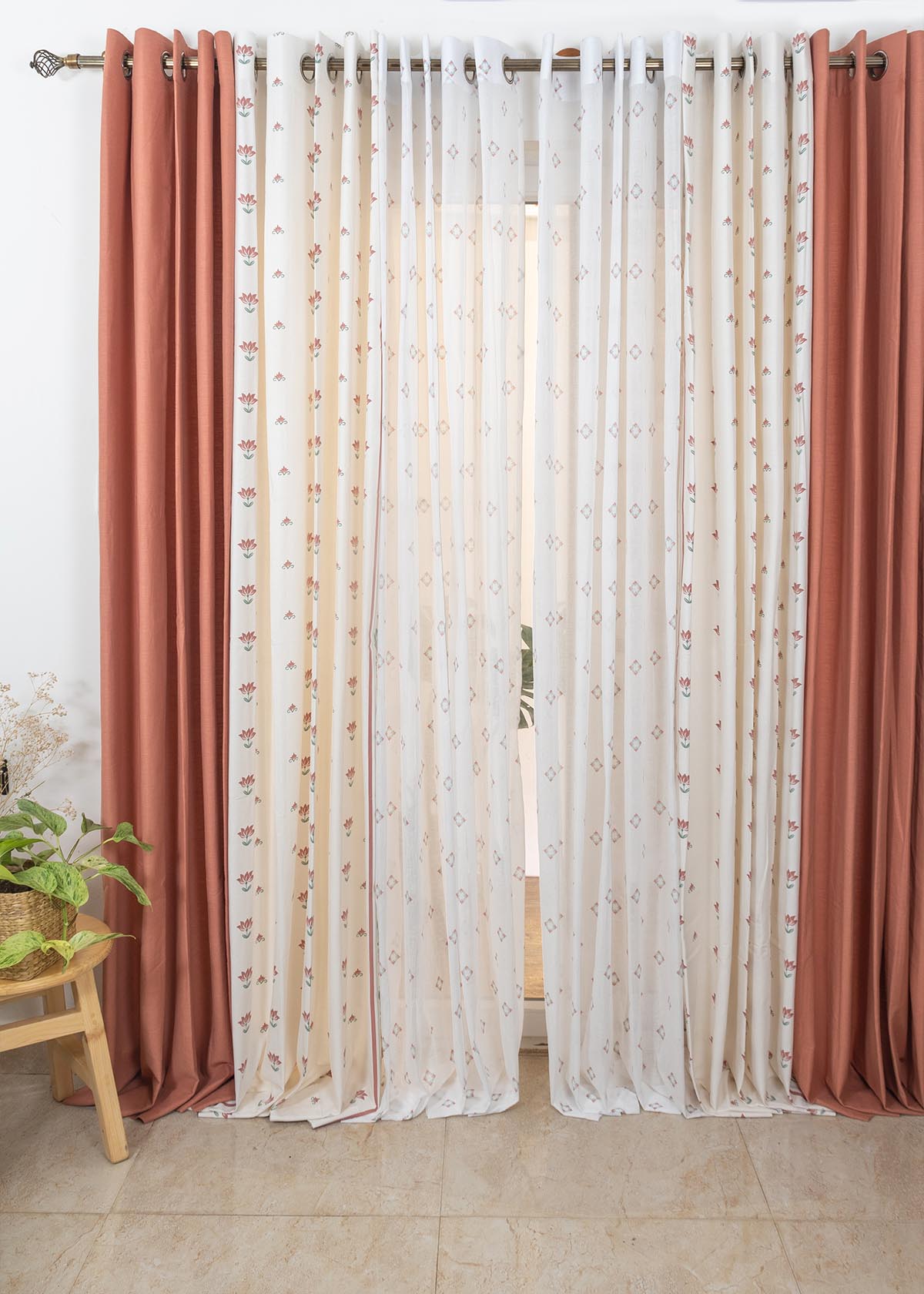Rust Solid, Lotus Pond,Sacred Waters Sheer Set Of 6 Combo Cotton Curtain - Rust And Off White