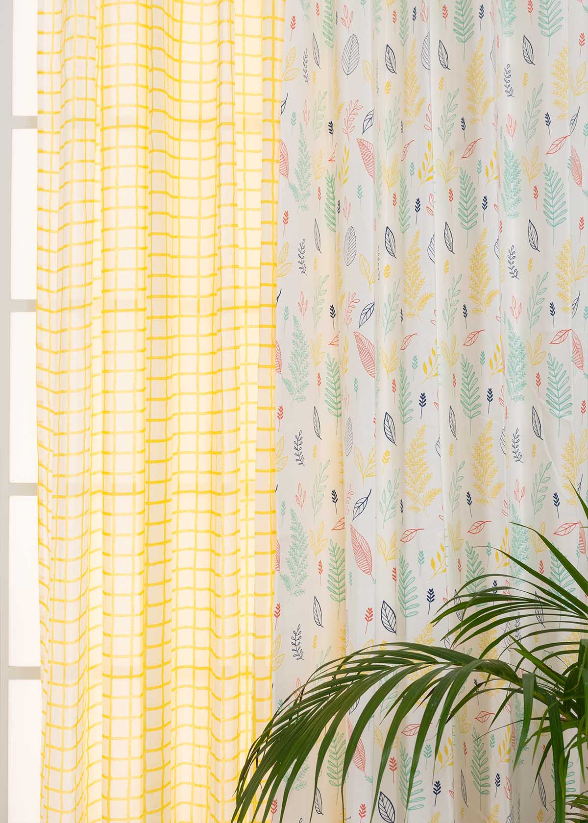 Rustling Leaves In Many Hues, Uneven Checks Yellow Set Of 4 Combo Cotton Curtain - Multicolor