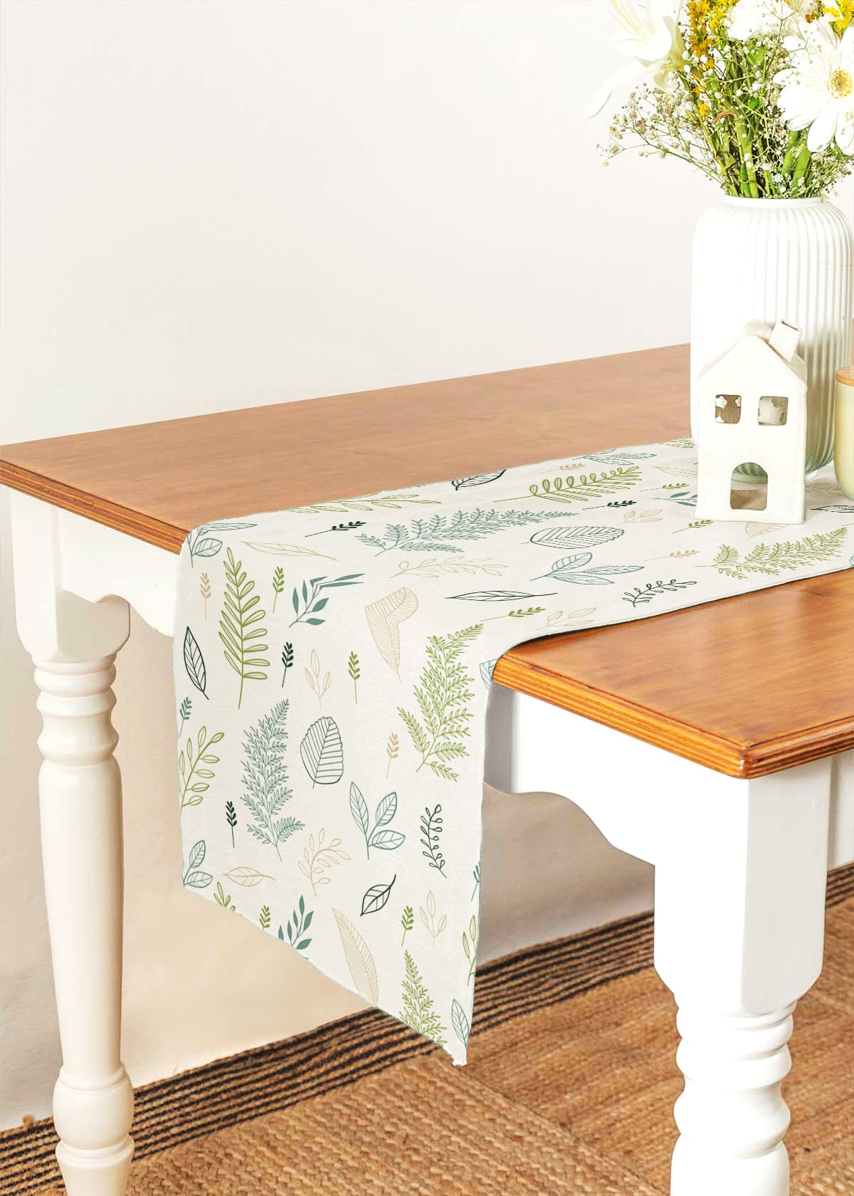 Rustling leaves 100% cotton floral table runner for 4 seater or 6 seater Dining with tassels - Green