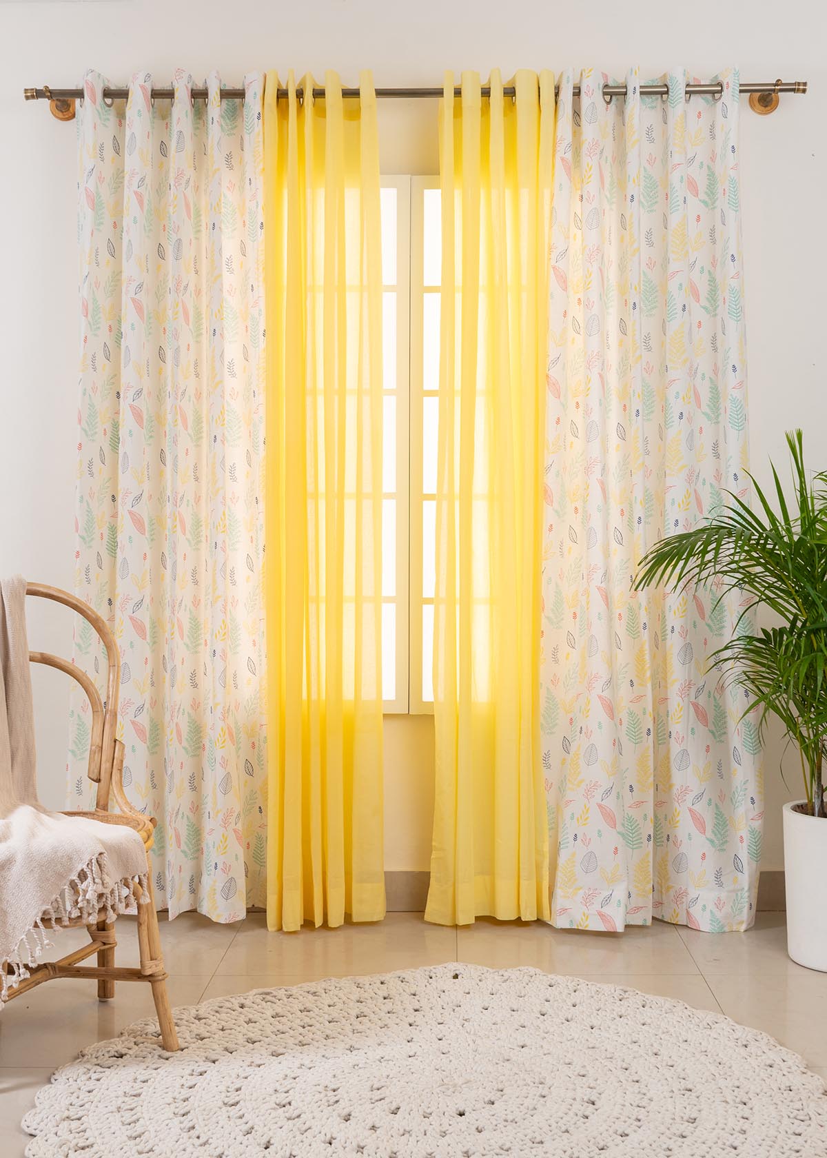 Rustling Leaves In Many Hues,Pale Banana Solid Sheers Set Of 4 Combo Cotton Curtain - Multicolor
