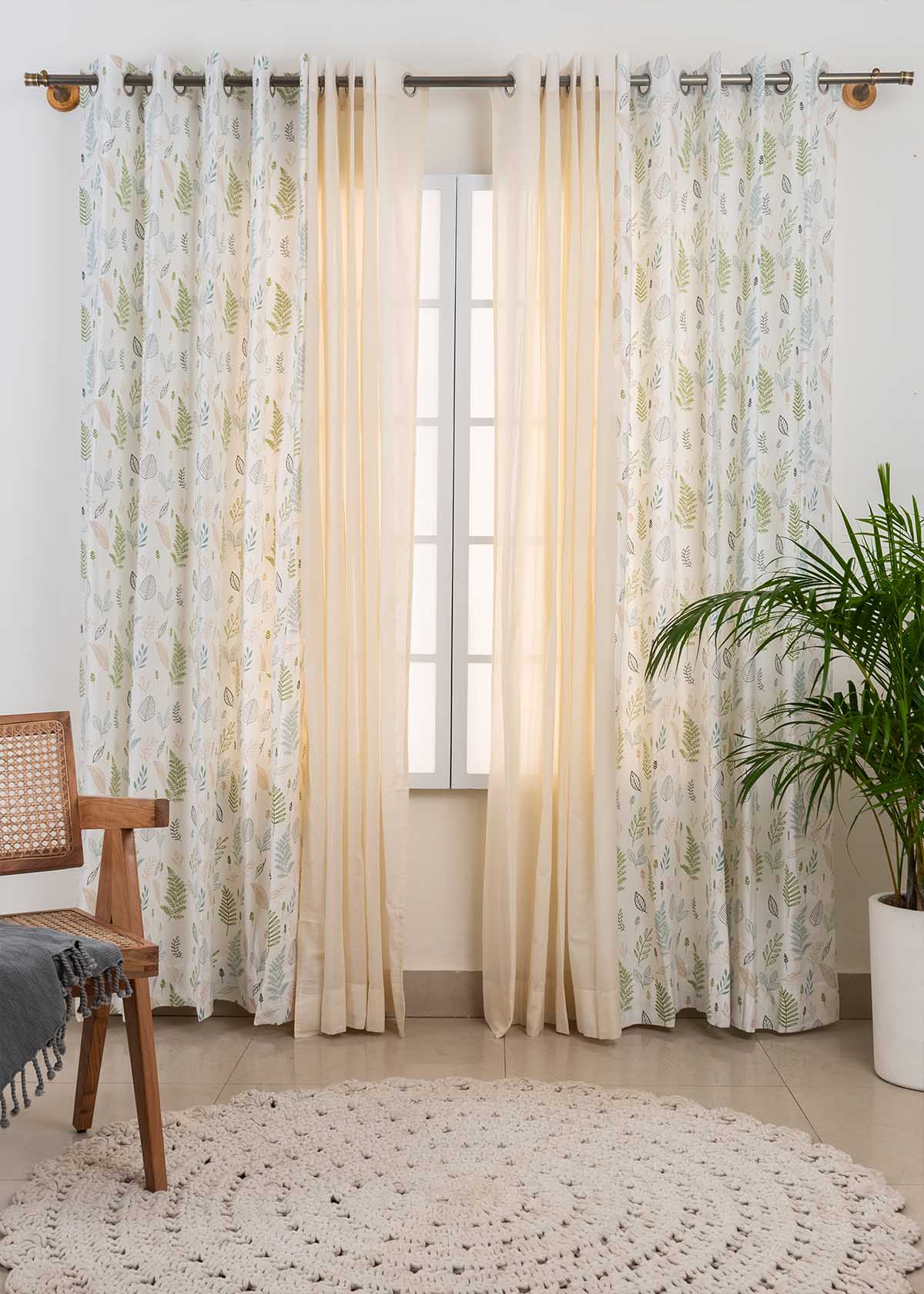 Rustling Leaves, Cream Sheer Set Of 4 Combo Cotton Curtain - Green And Cream