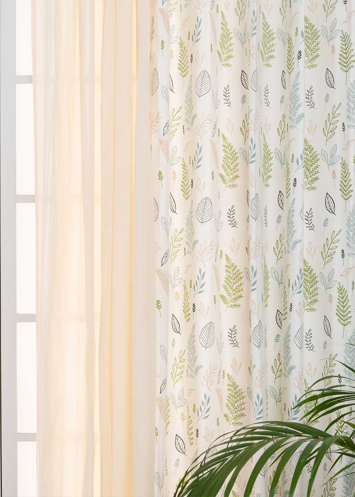 Rustling Leaves, Cream Sheer Set Of 4 Combo Cotton Curtain - Green And Cream