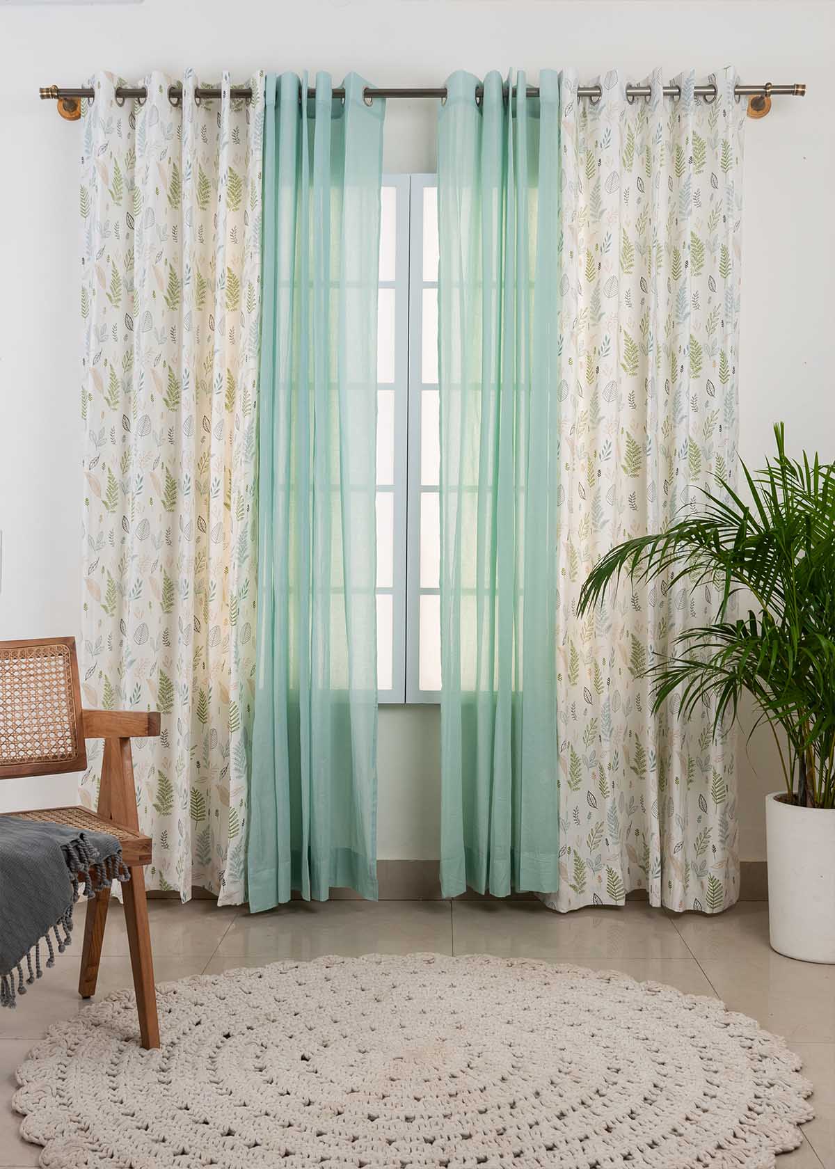 Rustling Leaves Shades Of Green, Nile Blue Sheer Set Of 4 Combo Cotton Curtain - Green And Nile Blue