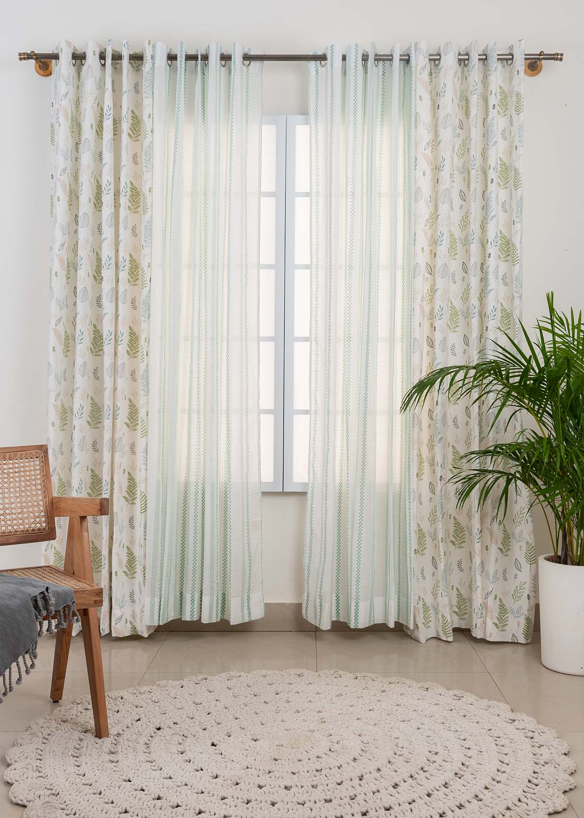 Rustling Leaves, Picket Fence Sage Green Sheer Set Of 4 Combo Cotton Curtain - Green