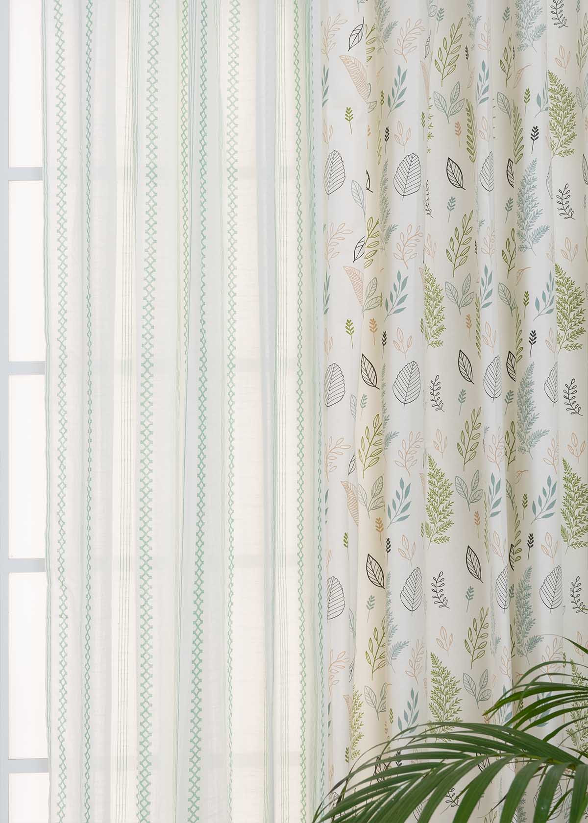 Rustling Leaves, Picket Fence Sage Green Sheer Set Of 4 Combo Cotton Curtain - Green