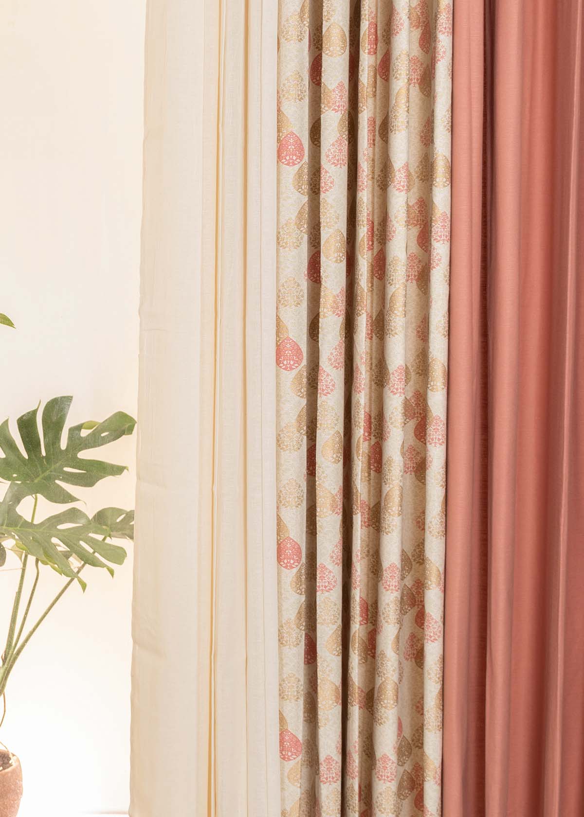 Rust Solid, Indian Shimmer,Cream Solid Sheer Set Of 6 Combo Cotton Curtain - Multicolor