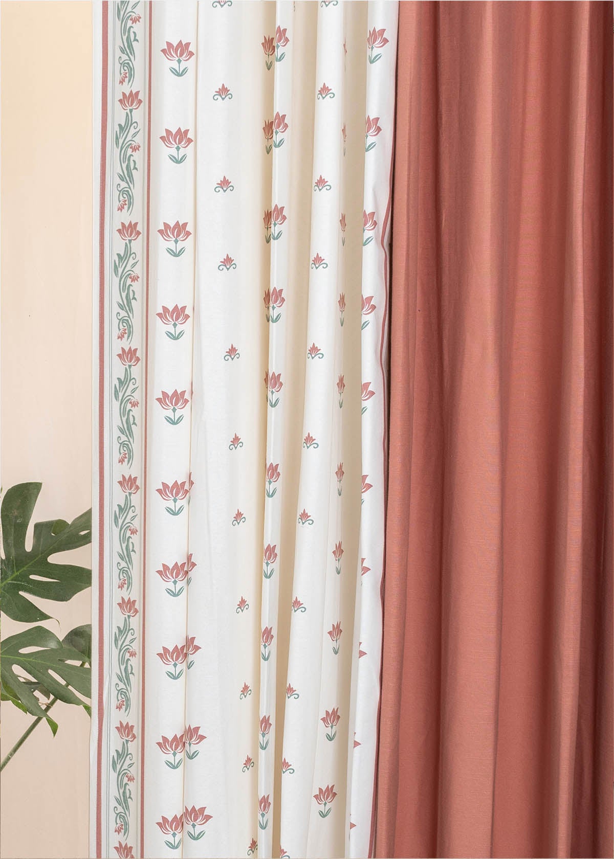 Rust Solid, Lotus Pond Set Of 4 Combo Cotton Curtain - Rust And Off White