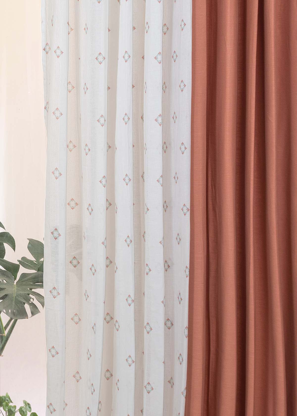 Rust Solid, Sacred Waters Sheer Set Of 4 Combo Cotton Curtain - Rust