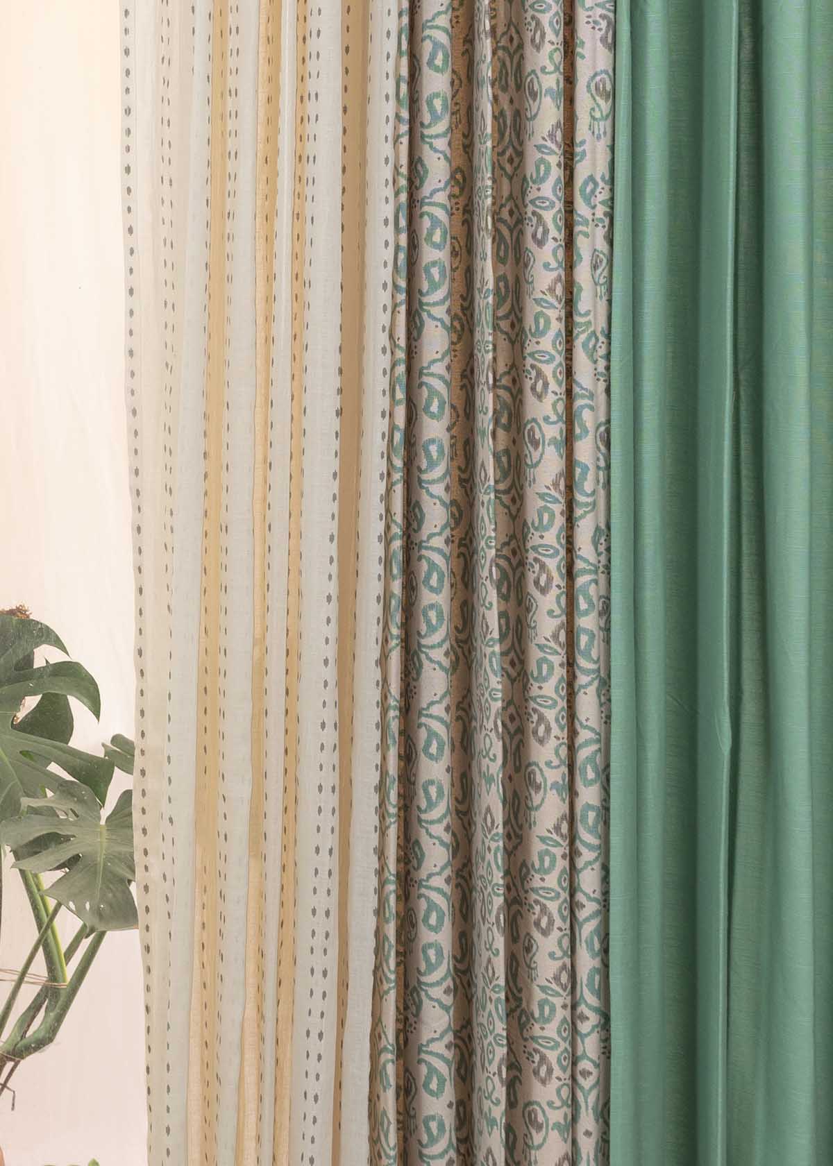 Sage Green Solid, Spice Route Sage Green, Dew Sheerset Of 6 Combo Cotton Curtain - Sage Green And Beige