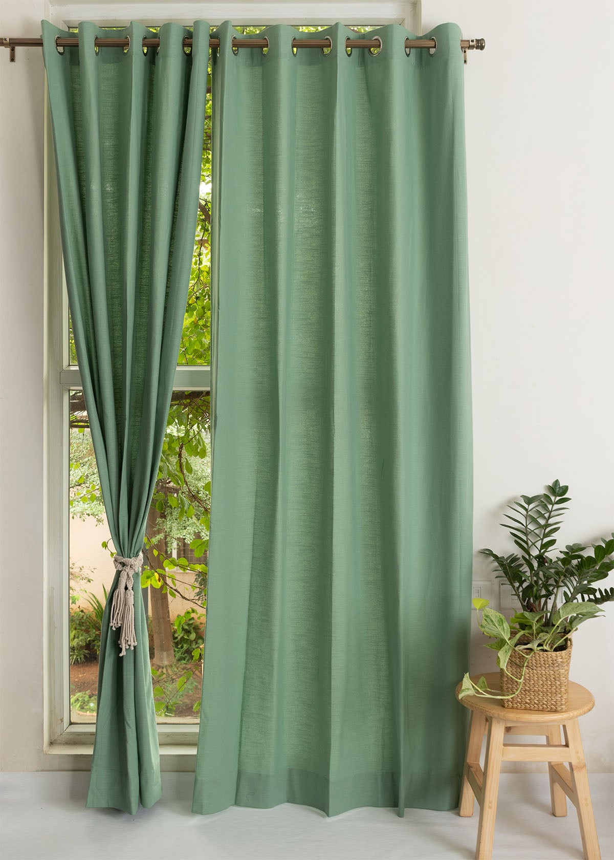 Solid Sage green 100% Customizable Cotton plain curtain for bedroom - Room darkening