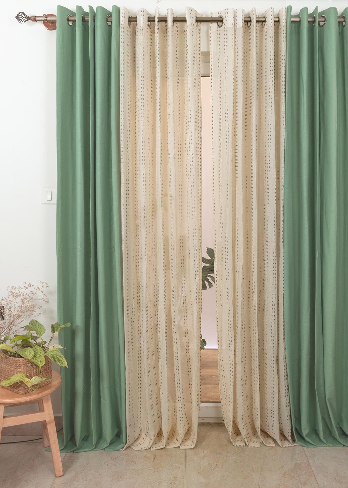 Sage Green Solid, Dew Sheer Set Of 4 Combo Cotton Curtain - Sage Green And Cream