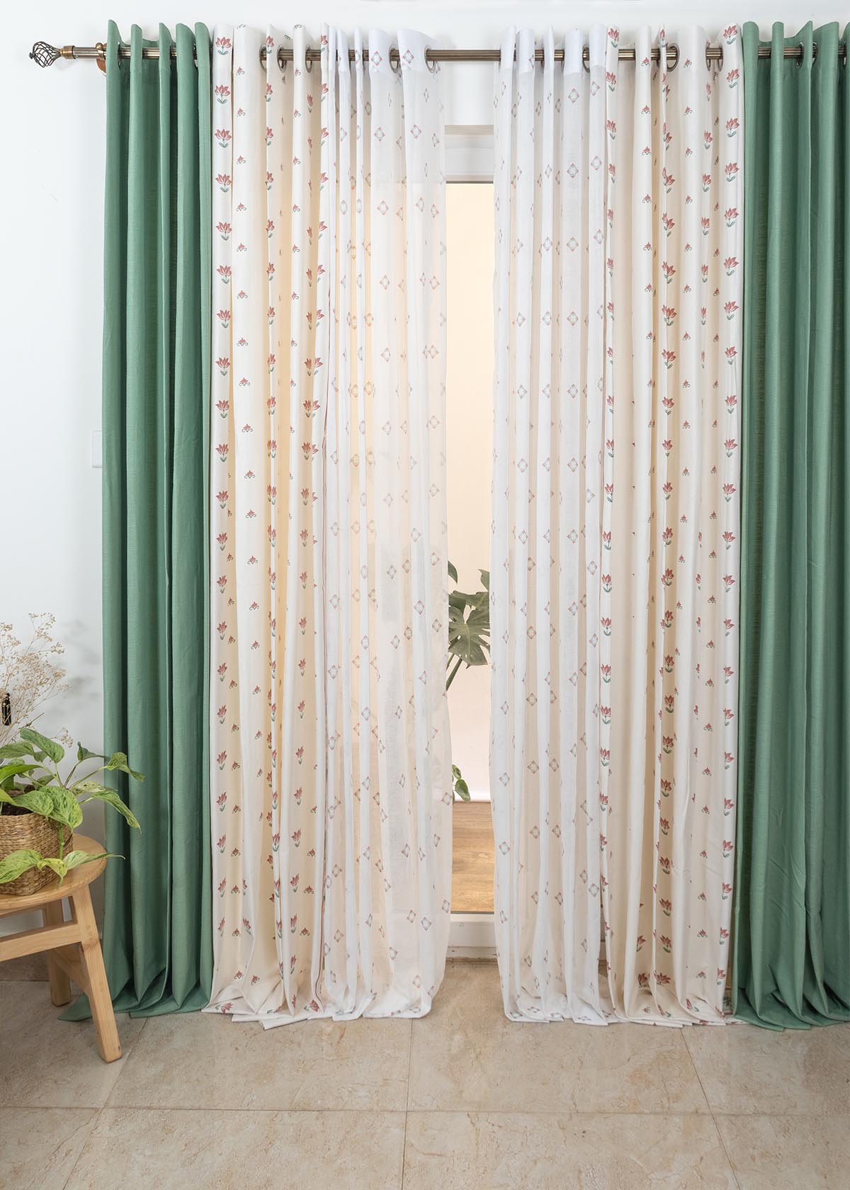 Sage Green Solid, Lotus Pond, Sacred Waters Sheer Set Of 6 Combo Cotton Curtain - Sage Green And Off White