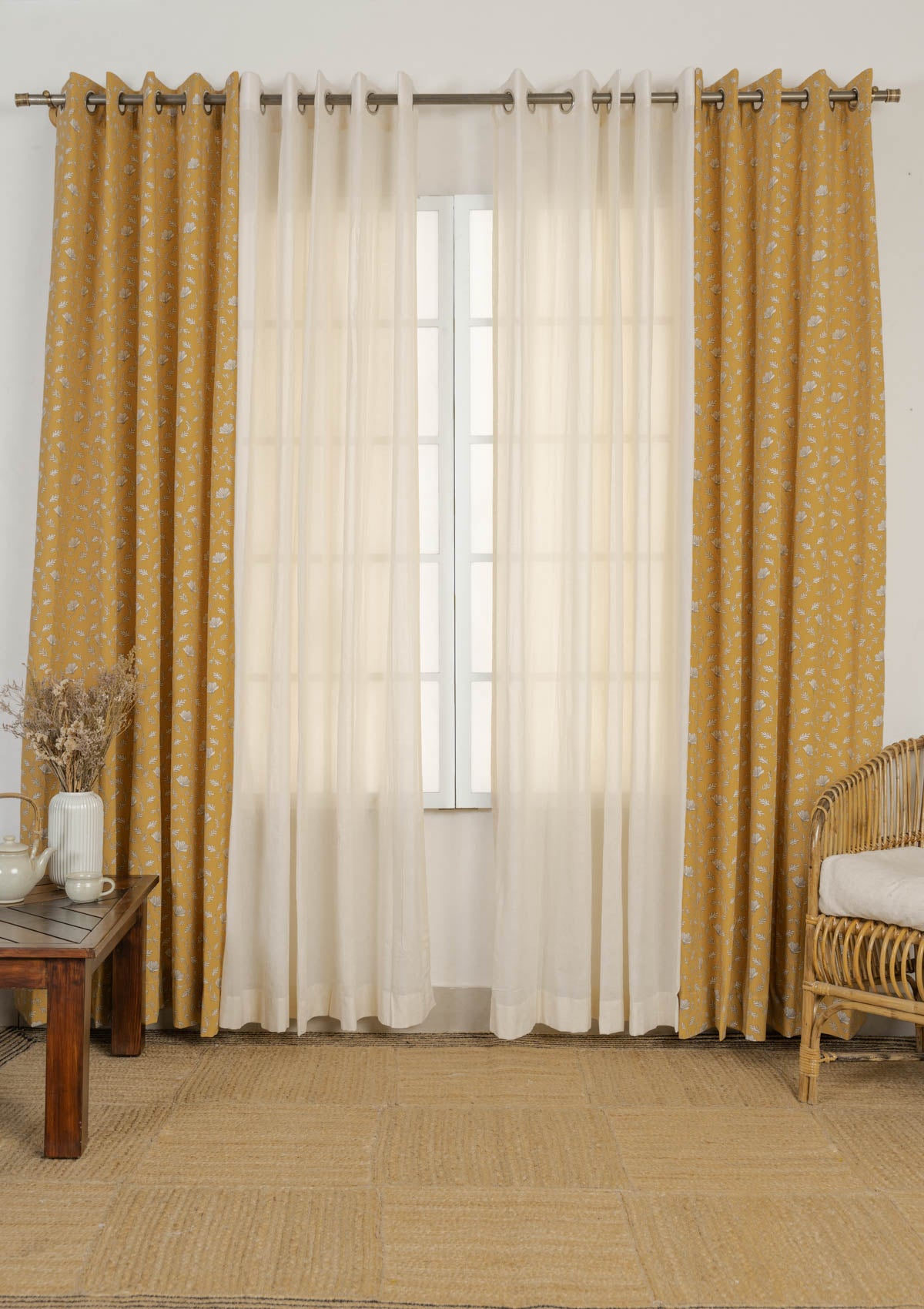 Eden floral cotton mustard with Solid sheer 100% cotton curtains for living room - Set of 4