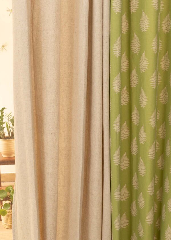 Solid Linen, Ferns Set Of 4 Combo Cotton Curtain - Beige Green