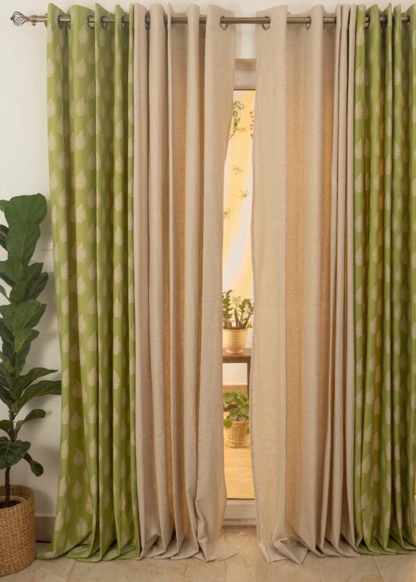 Solid Linen, Ferns Set Of 4 Combo Cotton Curtain - Beige Green