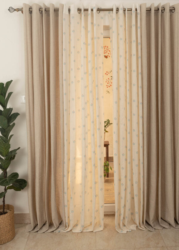 Solid Linen, Sapling Sheer Set Of 4 Combo Cotton Curtain - Cream And Nile Blue
