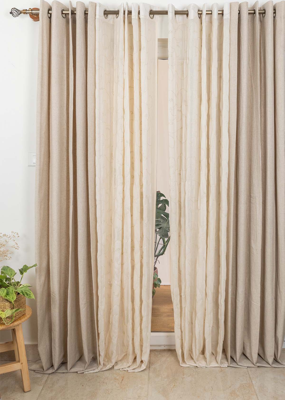 Solid Linen, Ivy Vines Embroidered Cream Sheer Set Of 4 Combo Cotton Curtain - Cream And Beige