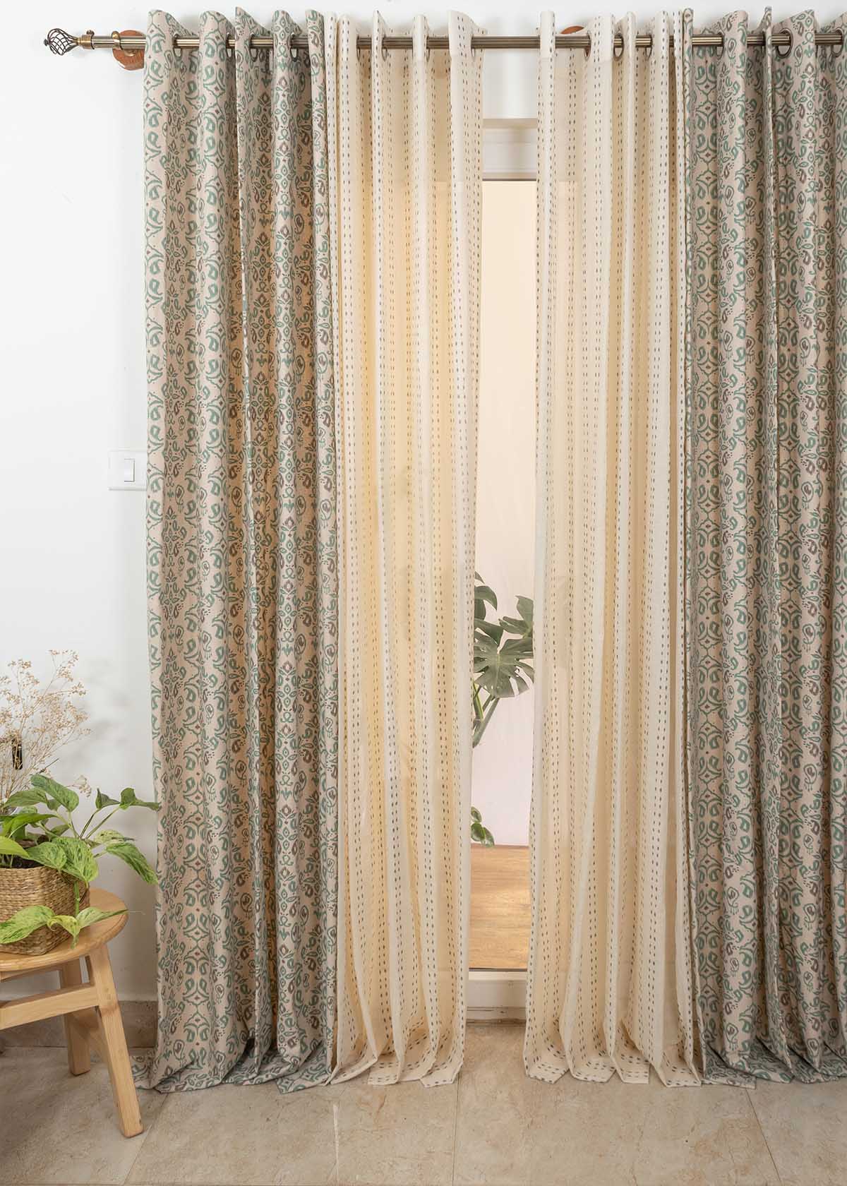 Spice Route, Dew Sheer Set Of 4 Combo Cotton Curtain - Sage Green