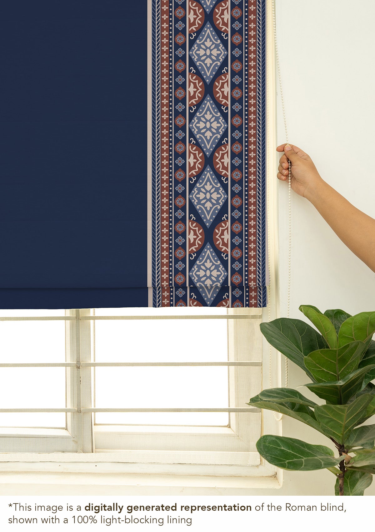 Tara Indigo 100% Cotton with Trim Customizable blind for livingroom & Bedrooms  - Room Darkening - Indigo & Red