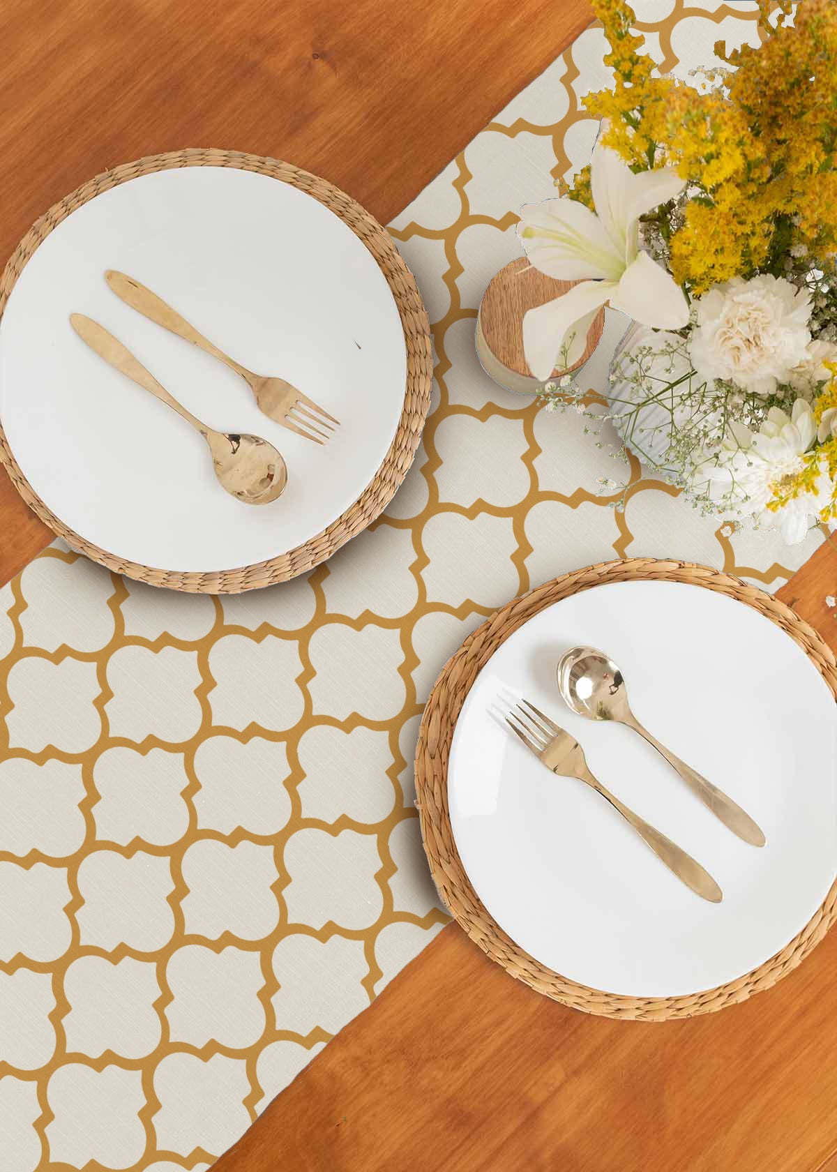 Trellis 100% cotton customisable geometric table Runner for dining - Mustard