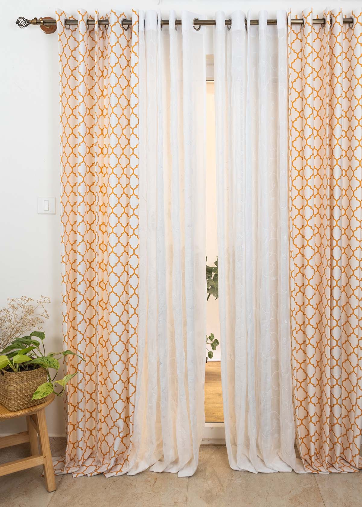 Trellis Mustard, Ivy Vines Embroidered Sheer Set Of 4 Combo Cotton Curtain - Mustard, White