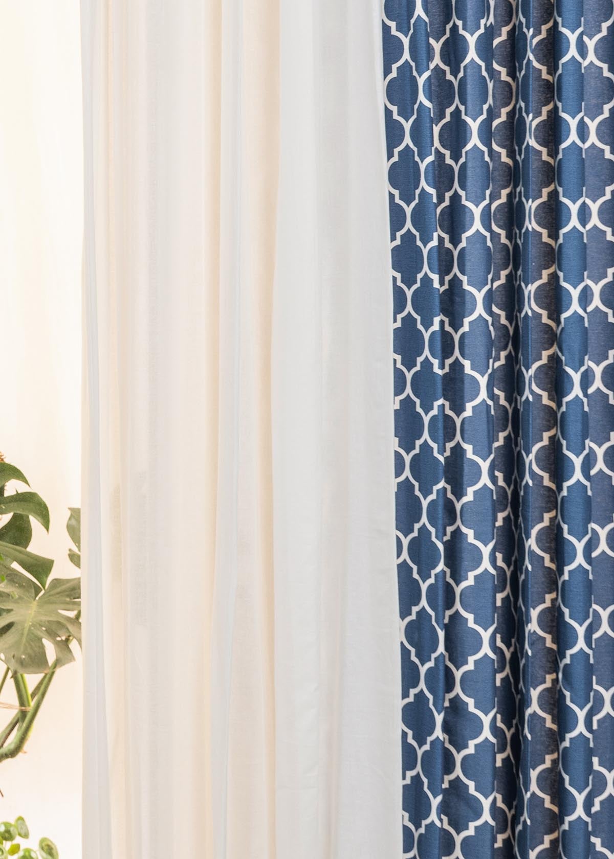 Trellis Reverse Royal Blue, Warm White Set Of 4 Combo Cotton Curtain - Royal Blue And White