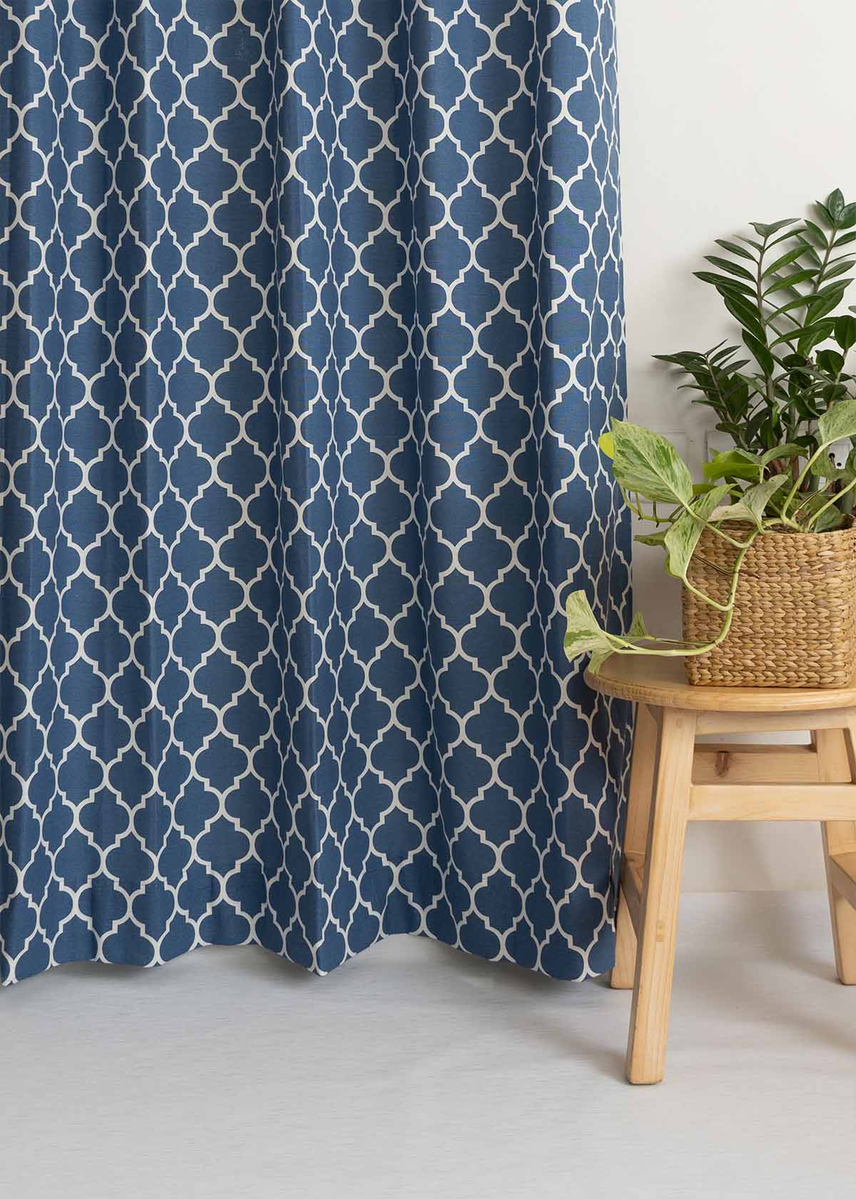 Reverse Trellis Printed Cotton Curtain - Royal Blue