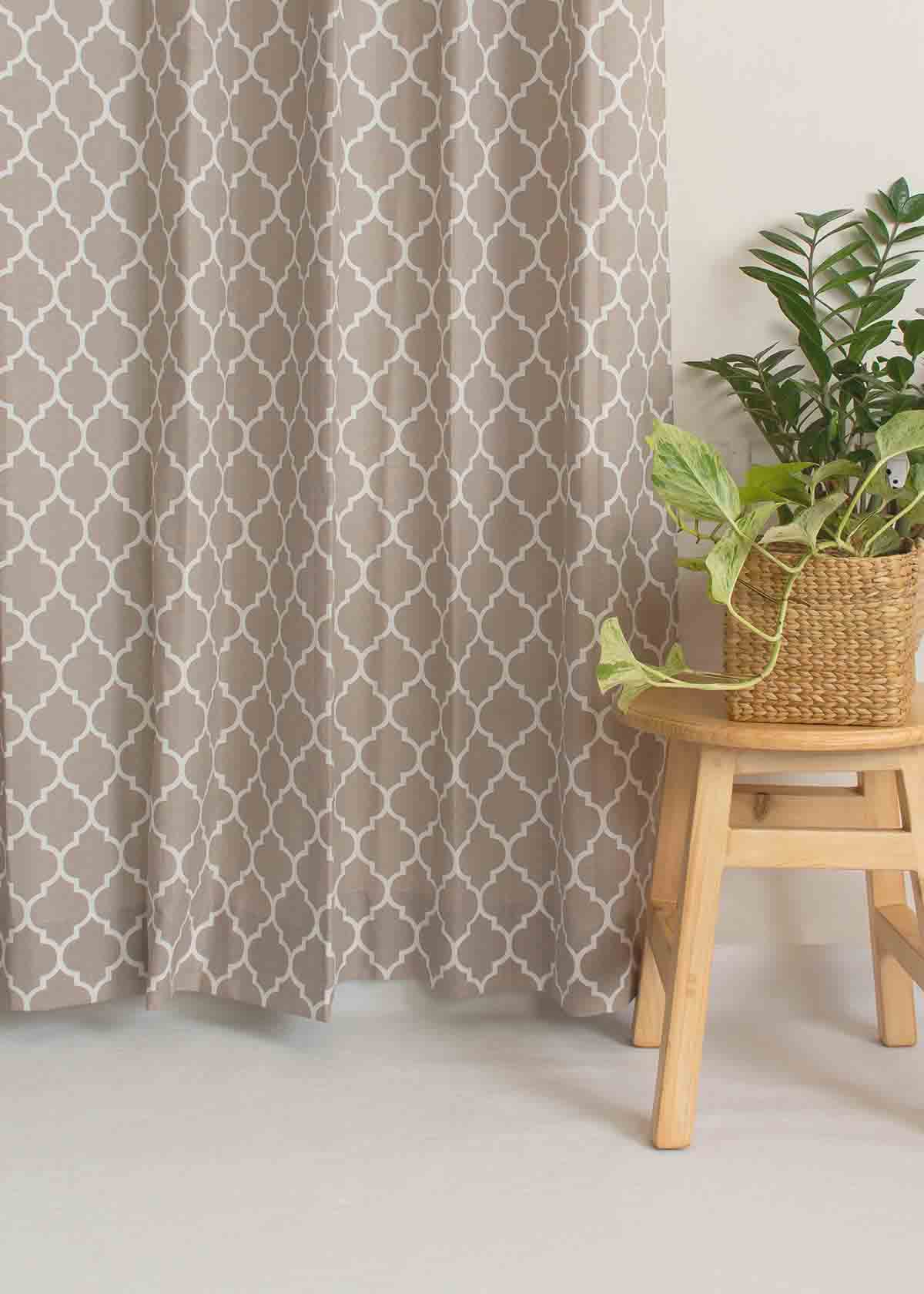 Reverse Trellis Printed Cotton Curtain - Walnut Grey