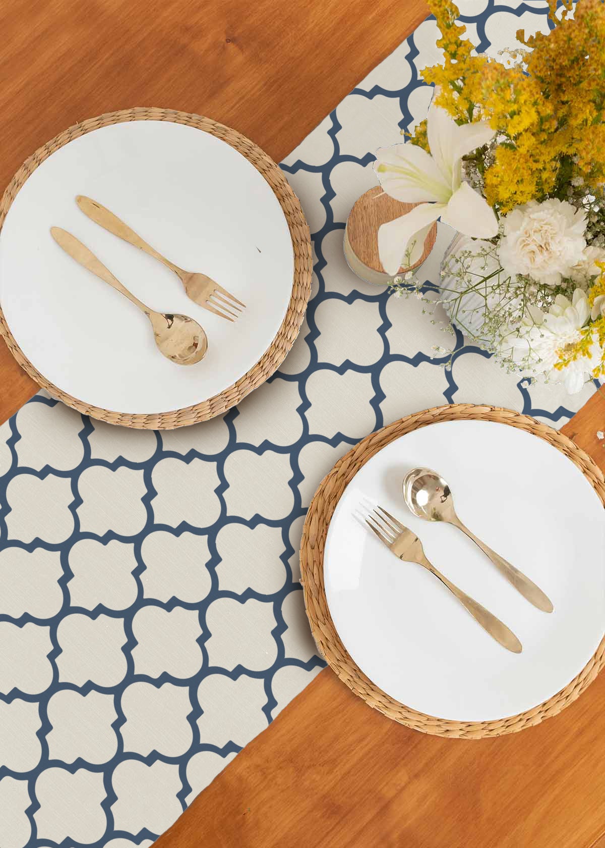 Trellis 100% cotton customisable geometric table Runner for dining - Royal blue