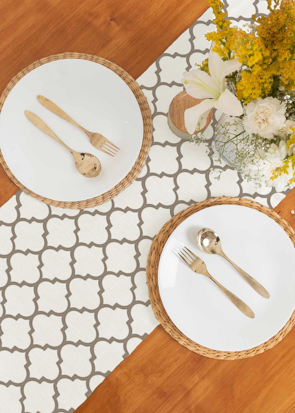 Trellis 100% cotton customisable geometric table Runner for dining - Walnut grey