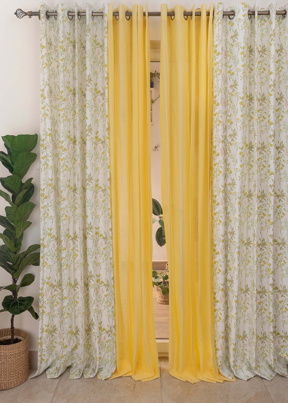 Tulip Garden Primrose Yellow,Pale Banana Sheer Set Of 4 Combo Cotton Curtain - Yellow