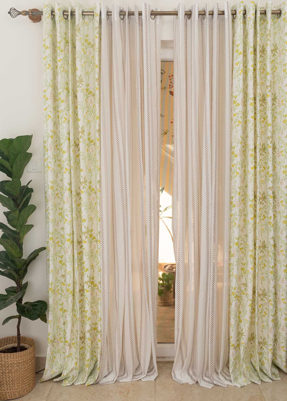 Tulip Garden, Picket Fence Sheer Set Of 4 Combo Cotton Curtain - Yellow And Walnut Gray