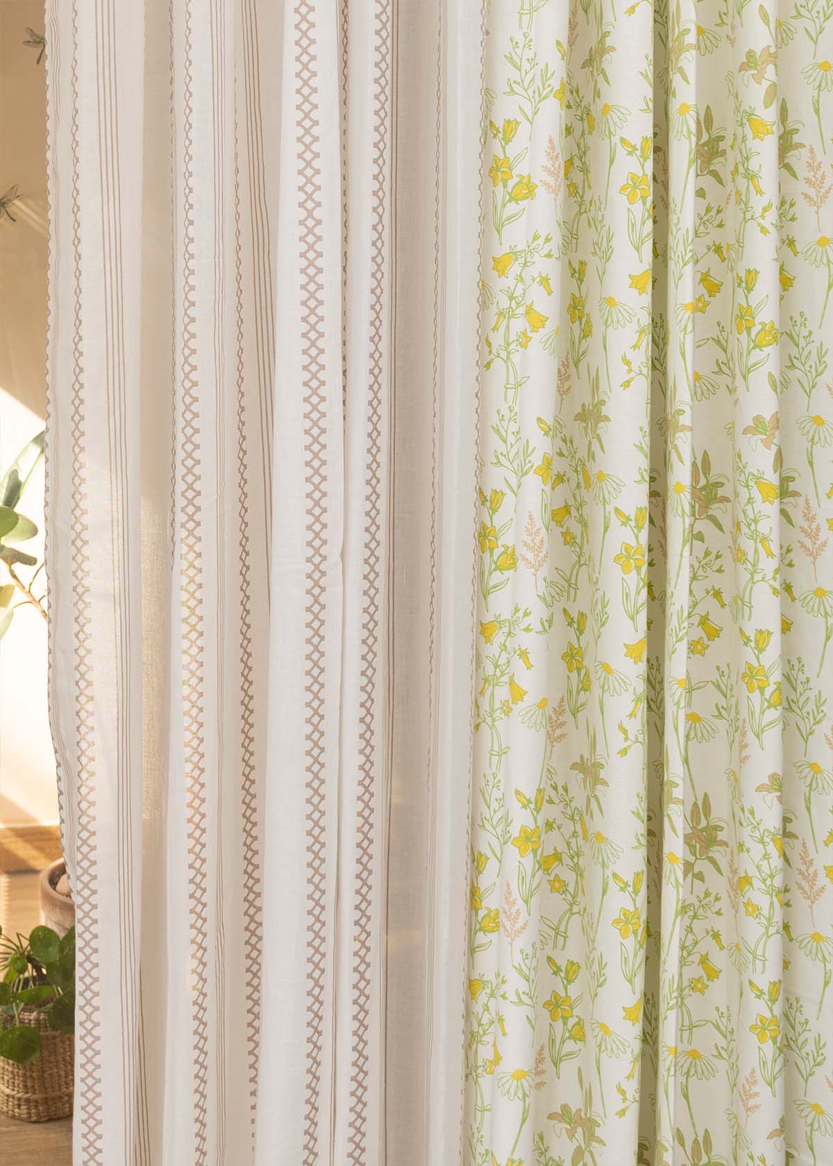 Tulip Garden, Picket Fence Sheer Set Of 4 Combo Cotton Curtain - Yellow And Walnut Gray