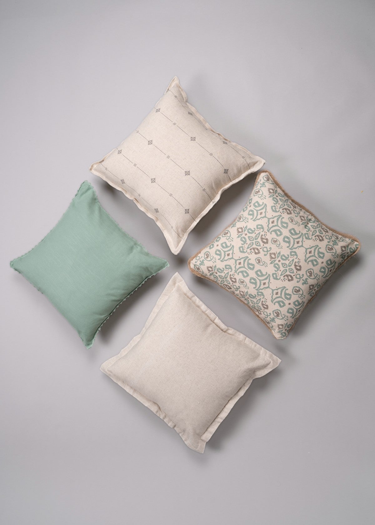 Tulsi, Spice Route, Sage Green, Solid Linen Set Of 4 Combo Cotton Cushion Cover 16" - Sage Green And Beige