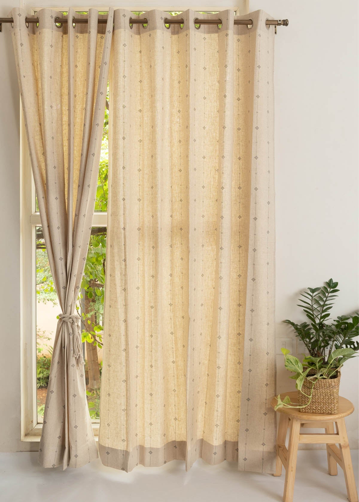 Tulsi Printed Linen Curtain - Beige- Single