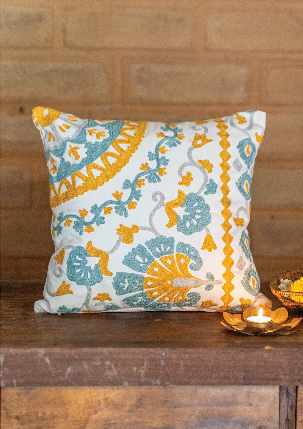 Topaz 100% Cotton Printed Blue and Yellow Cushion Cover - 16"