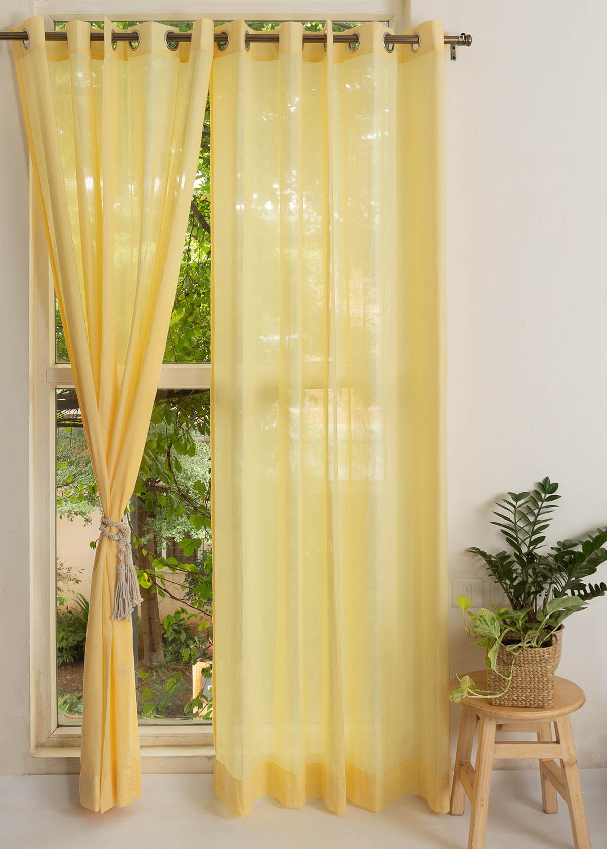 Solid Turmeric yellow sheer 100% Customizable Cotton plain curtain for Living room & bedroom - Light filtering