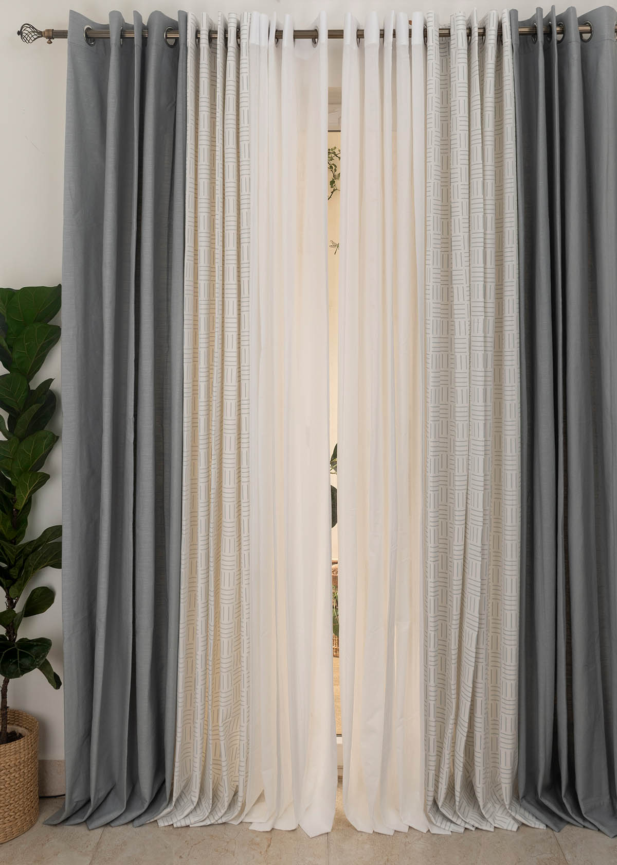 Ultimate Grey, Hash Lines,White Sheer Set Of 6 Combo Cotton Curtain - Grey And White